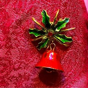 Vintage 1950s enamel holly leaves red Christmas bell brooch